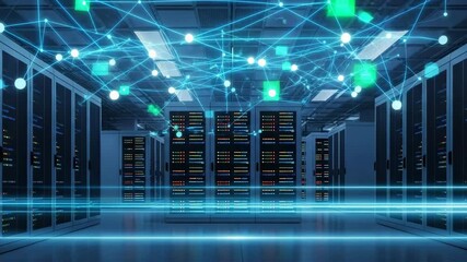 Futuristic data center with glowing network connections and server racks - Powered by Adobe