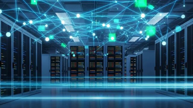 Futuristic data center with glowing network connections and server racks