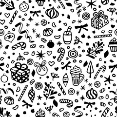 Vector seamless pattern with hand drawn doodles: sweets, gift boxes, bulbs, snowflakes and serpentine. Cute design for Christmas wrapping paper, textile, wallpaper and backgrounds.