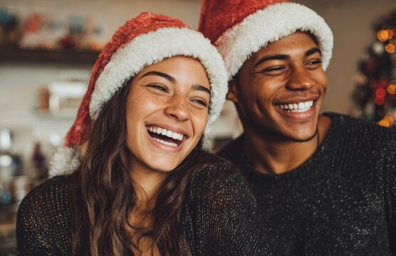 Happy couple wearing santa hats celebrating christmas holiday