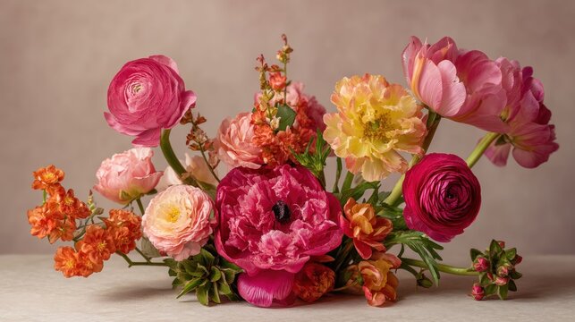 A vibrant bouquet of pink and orange flowers, including ranunculus and peonies, arranged on a light-colored surface with a neutral background. - Powered by Adobe