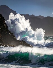 Ocean wave crashes against rocky coast under a bright, clear sky