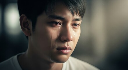 Fototapeta premium Crying Asian Male Portrait - Close up portrait of an Asian male with tears on his face