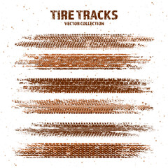 Fototapeta premium Grunge tire tracks with mud splatters, dirty wheel braking marks. Truck, car, or motorcycle tread pattern silhouettes. Perfect for off-road, motorsport, and racing designs. Vector illustration.