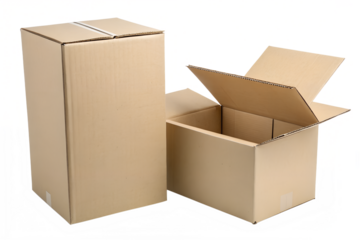 Two empty cardboard boxes, one tall and closed, the other shorter and open, ready for packing and shipping, against a white background