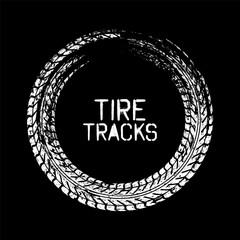 Grunge circle tire track, wheel braking mark. Truck, car or motorcycle tread pattern silhouettes. Auto race, motorsport, speed racing design element. Vector illustration.