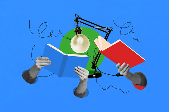 Creative poster banner 3d collage photo of human hands hold book enlightenment reading novel lamp light encyclopedia library - Powered by Adobe