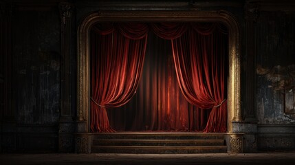 Fototapeta premium Ornate theater stage with crimson curtains and architectural details