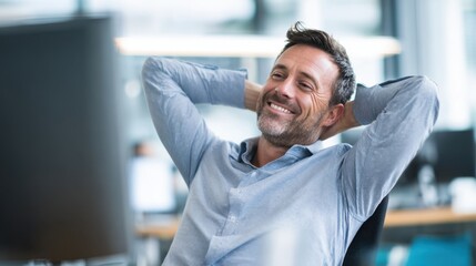 Obraz premium Man enjoys a moment of relaxation at his desk in a bright modern office setting.