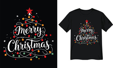 Merry Christmas Typography Tree with Colorful Ornaments and Red Star