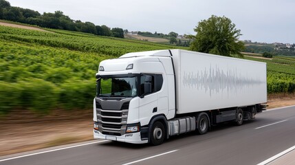 A silver truck drives on a highway flanked by tall trees, showcasing a vibrant landscape under a cloudy sky