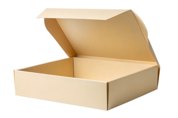 A pristine, empty, open kraft cardboard gift box with its lid curved upwards, ready for packaging on a white background