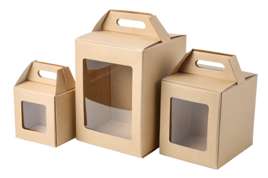 Three kraft cardboard boxes with transparent windows and handles in various sizes, perfect for packaging and gifts