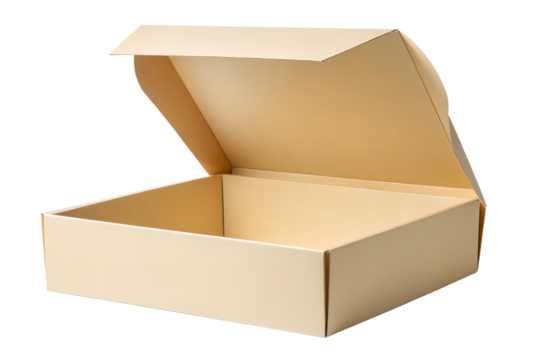 A pristine, empty, open kraft cardboard gift box with its lid curved upwards, ready for packaging on a white background
