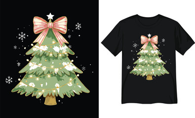 Watercolor Christmas Tree with Red Bow and Snowflakes