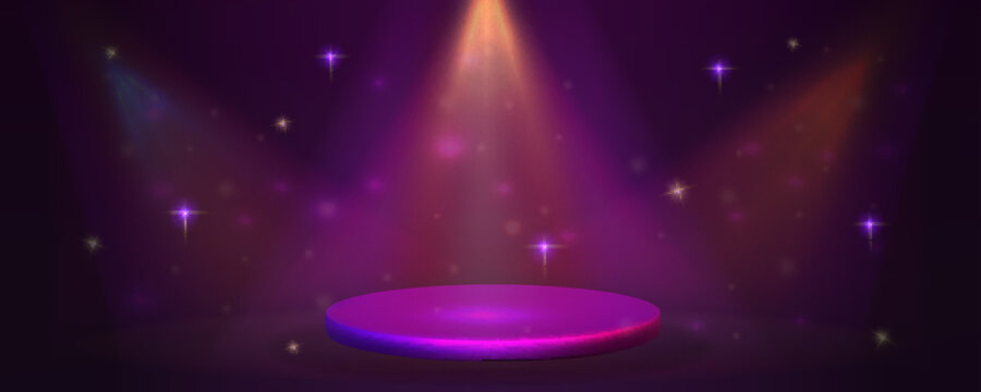 Neon casino stage glowing on purple background. Shiny award podium with abstract light rays creates luxury casino vibe and elegant podium scene.