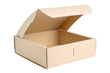 Empty open corrugated cardboard box, light brown and recyclable, perfect for packaging, shipping, or storage of various goods, presented on a clean white background, ready for branding or content
