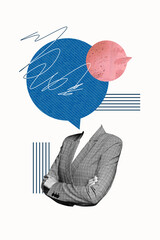 Poster 3d sketch pop artwork image collage of anonym girl instead head bubble communication cloud speech talk discussion folded hands