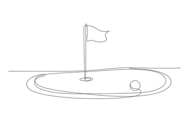 Minimalist continuous line drawing of a golf hole with flag and putting green vector