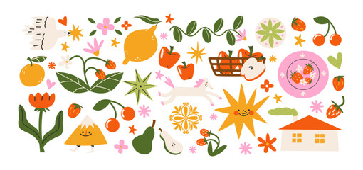 Retro hippie stickers 90s. Summer harvest and countryside joy in retro cartoon style. Fruits and flowers: oranges, cherries, tulips, lemons. Illustration in funky, doodle style, trendy shapes set