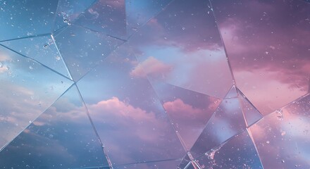 Ethereal Sky Fragmented A Dreamy Abstract Reflection of Pink and Blue Clouds Through Shattered Glass Shards