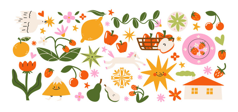 Retro hippie stickers 90s. Summer harvest and countryside joy in retro cartoon style. Fruits and flowers: oranges, cherries, tulips, lemons. Illustration in funky, doodle style, trendy shapes set