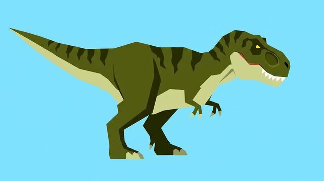 A cartoon-style green Tyrannosaurus Rex dinosaur with stripes standing against a light blue background.