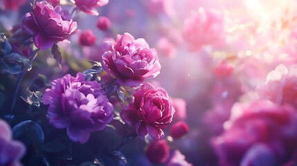 Obraz premium Soft focus close up of vibrant pink and purple roses in bloom with gentle sunlight