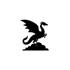 Fototapeta premium A stylized black silhouette of a dragon with wings standing on clouds