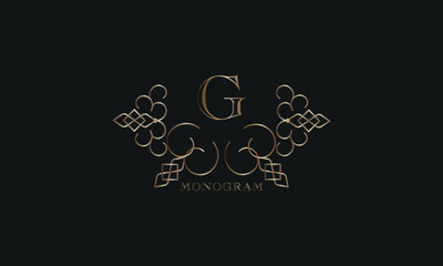 Vector elegant element for design template, place for text with initial letter G. Lace decor for greeting card, invitation, label, business sign.