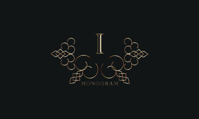 Vector elegant element for design template, place for text with initial letter I. Lace decor for greeting card, invitation, label, business sign.