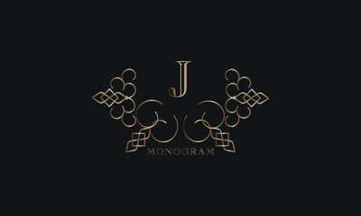 Vector elegant element for design template, place for text with initial letter J. Lace decor for greeting card, invitation, label, business sign.