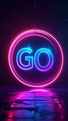 Neon sign with "GO" inside a circle, reflected in wet tiles
