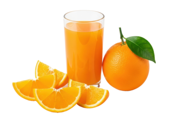Vibrant, translucent orange juice in a clear glass tumbler, with a ripe whole orange and fanned slices on a transparent studio background, high-angle, bright studio lighting. Concept of healthy citrus