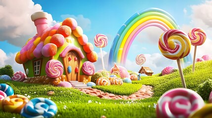 Whimsical candy land fantasy house with giant lollipops and rainbow door under a bright blue sky