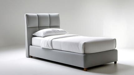 Stylish single bed with a light gray fabric upholstered frame and cushioned headboard, simple white bedding with smooth folds, isolated on a white surface and white background.