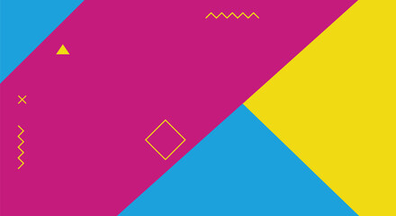 Abstract geometric background with vibrant magenta, blue, and yellow shapes and retro Memphis style elements