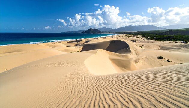 Panoramic view of ocean and desert sand dunes under a blue sky - Powered by Adobe