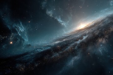 Fototapeta premium A captivating cosmic vista unfolds, revealing a brilliant nebula amidst a sea of stars and celestial clouds.