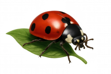 Ladybug with red spotted shell resting on a green leaf, symbolizing nature, luck, and summer, transparent background