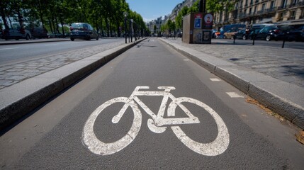 A bright city biking path features a prominent bike symbol inviting cyclists to ride freely.