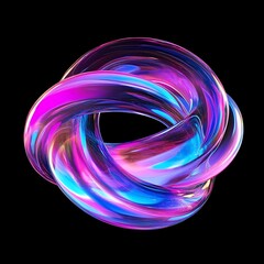 Abstract swirling torus shape with vibrant pink blue and purple light effects on black background