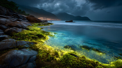 Ocean rocks covered with glowing algae creating radiant shoreline 