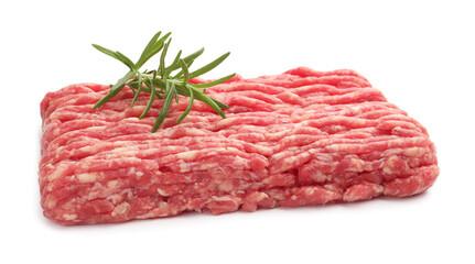 Raw minced meat with rosemary isolated on white