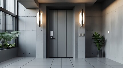A front door of an upscale city apartment, matte gray metal finish with smart lock panel, modern lighting fixtures, textured concrete walls, minimal plant decor near the entryway.