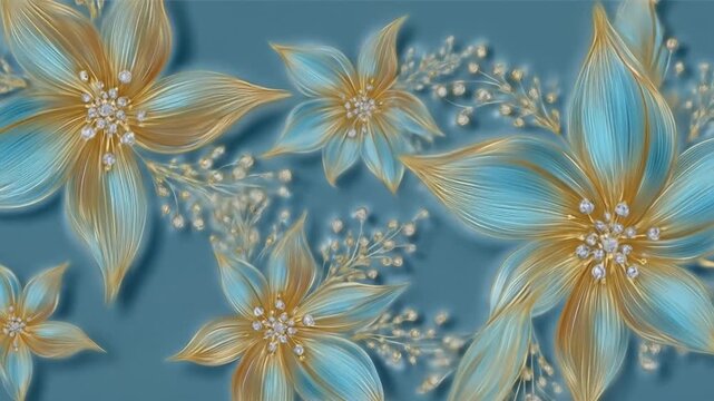 Decorative blue and gold abstract floral pattern with sparkling elements on a teal background, elegant digital art.