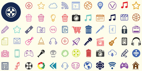 Fototapeta premium Colorful multimedia and entertainment icon set with music, camera, recycle, wifi, and gaming symbols perfect for app design, web interface, creative projects, and digital communication visuals.