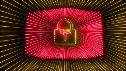 neon Cyber security data protection business technology privacy concept. glowing neon cyber security concept , blue and purple Neon sign lock neon  animated ,Ideal for representing data security . 