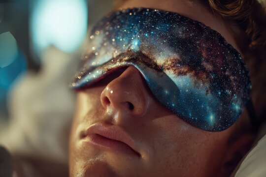Restful dreams under starry skies: A person finds peaceful sleep wearing a unique eye mask, dreaming of a journey through the cosmos. 