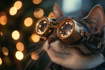 Fototapeta premium The image of a beautiful, rotund feline wearing VR goggles on a vibrant background represents a comical and forward-thinking technological idea